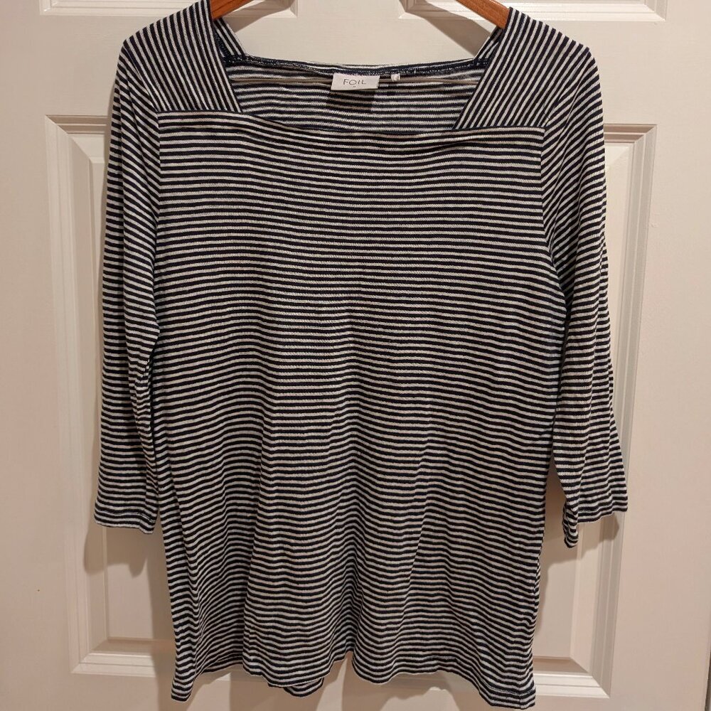 Women's FOIL Linen Navy Striped Tunic Top Sz Medium